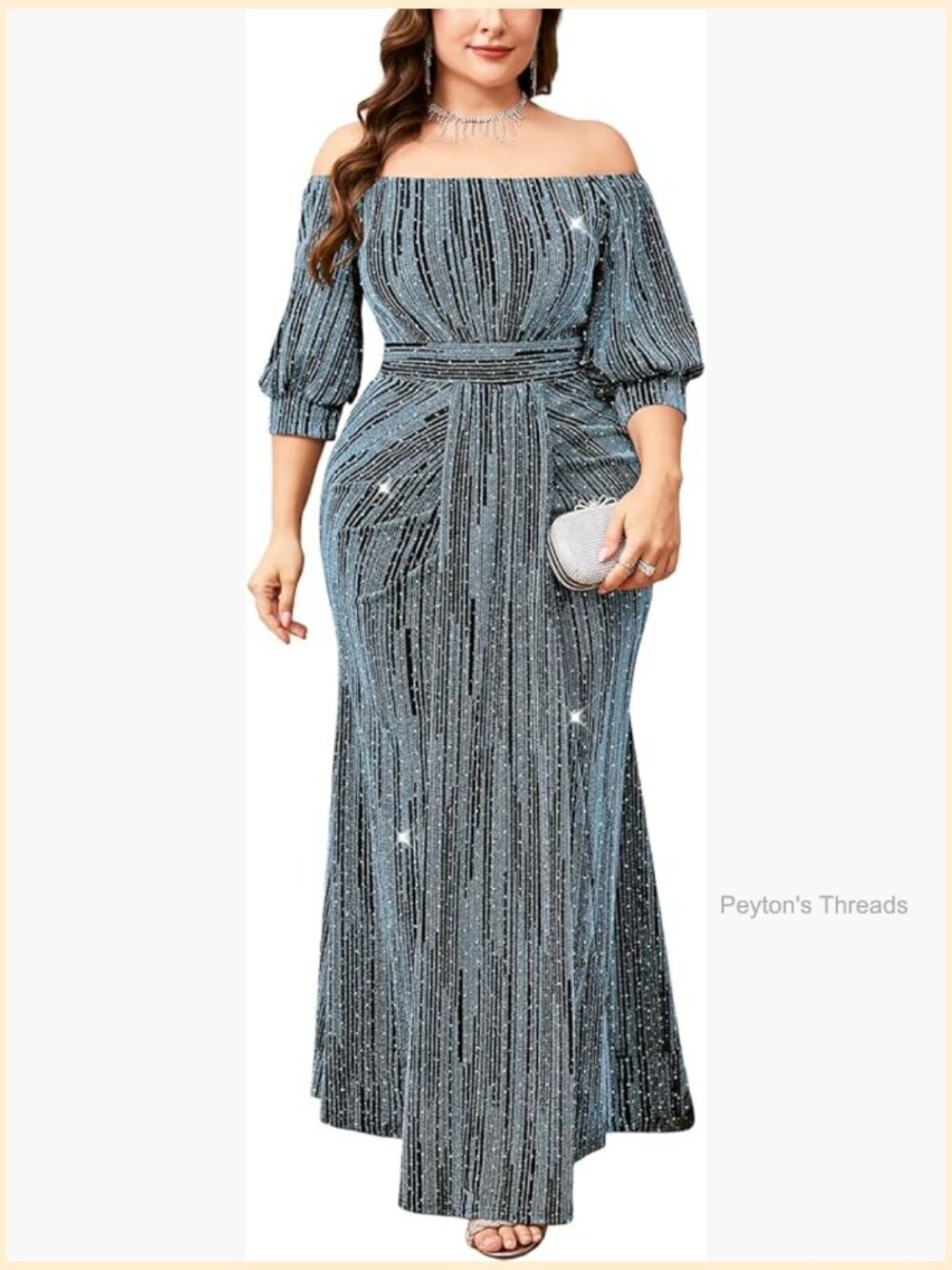 Plus Size Sparkly Formal Dress Off Shoulder Puff Sleeve Mermaid Maxi Cocktail